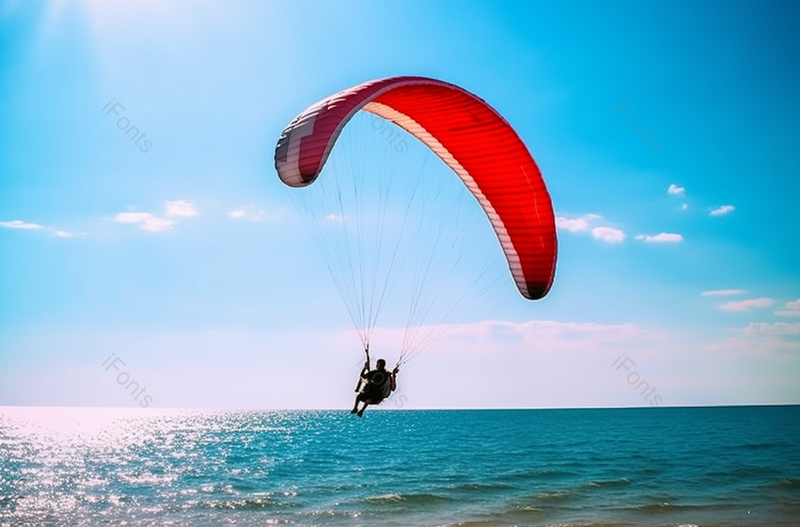 蓝色的天空冒险的一个男人正在跳伞滑翔到海边照片素材,高清,摄影图,摄影图片,图片大全,摄影图免费下载